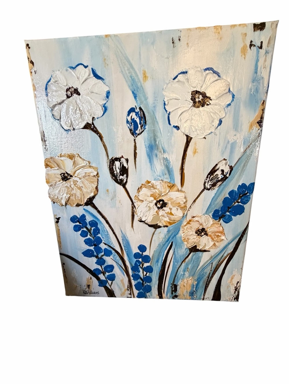 NWT Acrylic Textured Floral Canvas Painting in White, Blue & Cream 14 x 18" - Picture 6 of 14